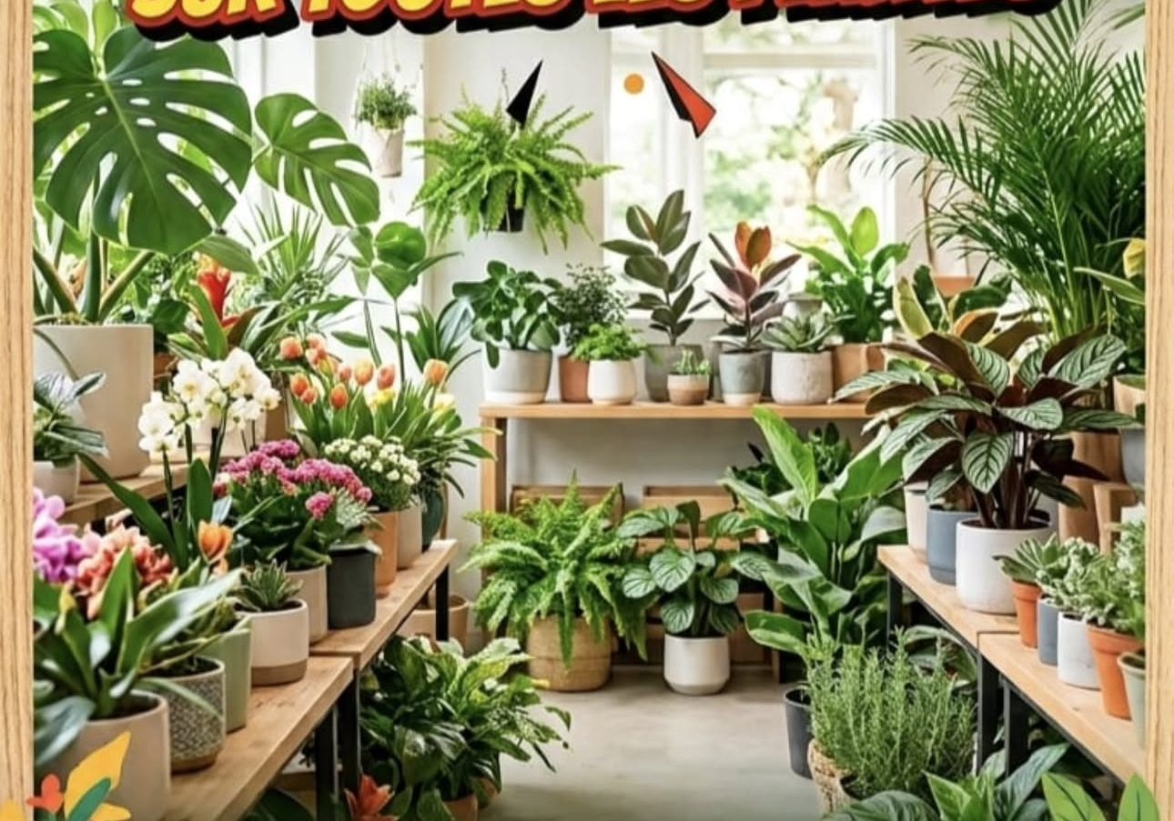 Plantes d’intérieur sur les étagères de la boutique